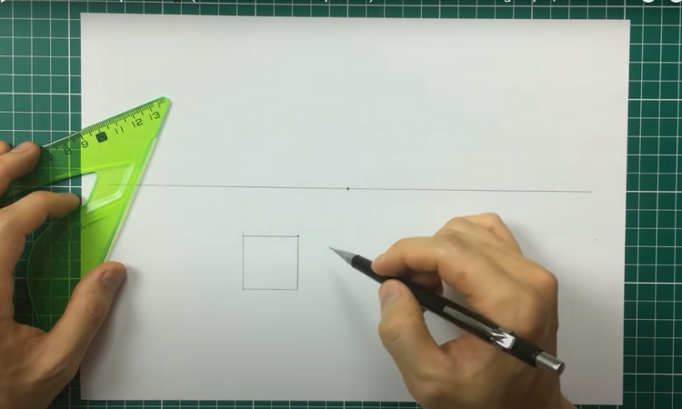 Exercício de perspectiva com 1 ponto de fuga desenho de cubo