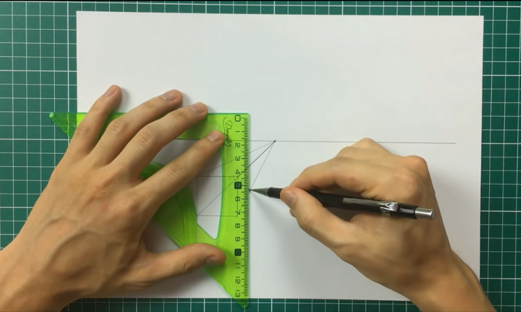 Exercício de perspectiva com 1 ponto de fuga desenho de outro quadrante para fechar o cubo
