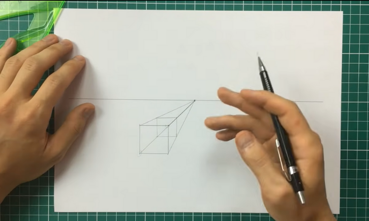 Exercício de perspectiva com 1 ponto de fuga cubo finalizado