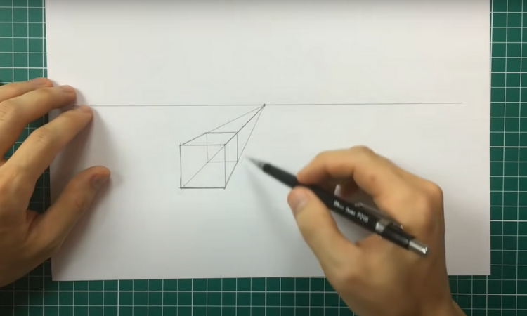 Exercício de perspectiva com 1 ponto de fuga desenhando cubo