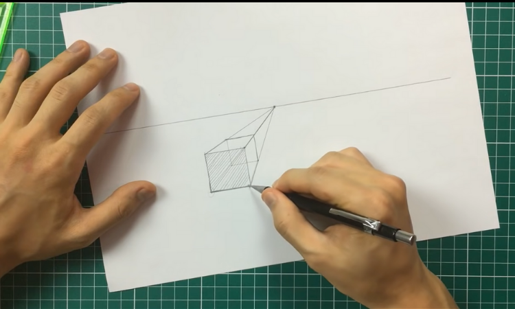 Desenho de perspectiva com 1 ponto de fuga e hachuras