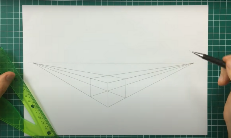 Exercício de perspectiva com 2 pontos de fuga definindo a base do cubo