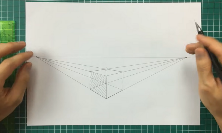 Exercício de perspectiva com 2 pontos de fuga e linha central com bordas reforçadas