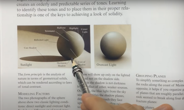 Esfera demonstrando a sombra de oclusão (occlusion shadow) que é uma área muito próxima e logo abaixo do objeto