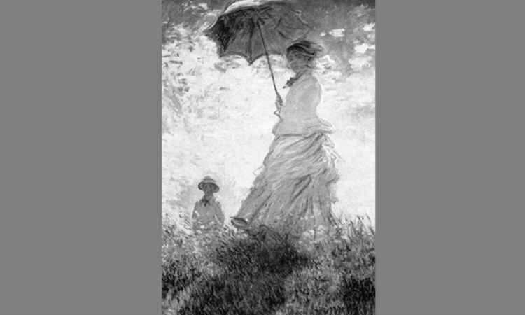 Pintura “Mulher com sombrinha” (O Passeio) de 1875 do Claude Monet em preto e branco