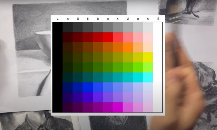 Cartela de cores com demonstração de variação tonal do mais escuro para o mais claro
